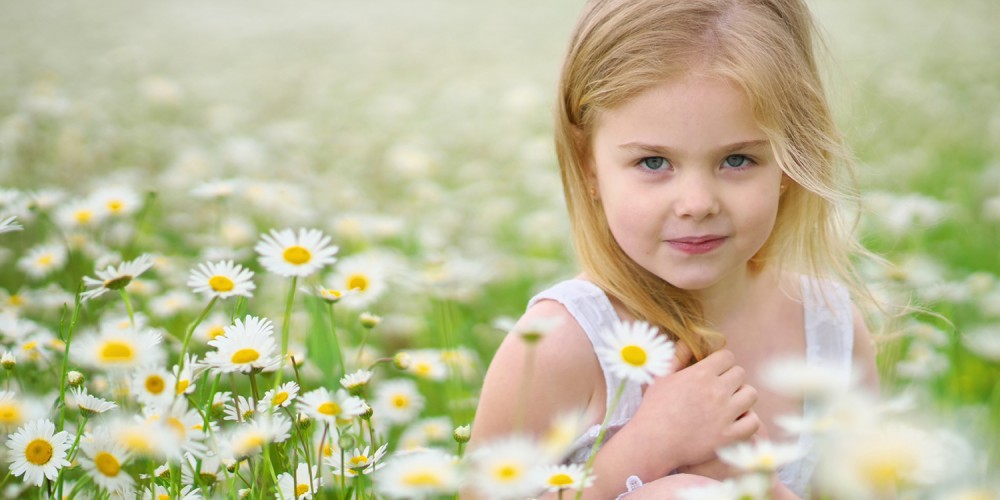 Kleines Mädchen im Blumenfeld